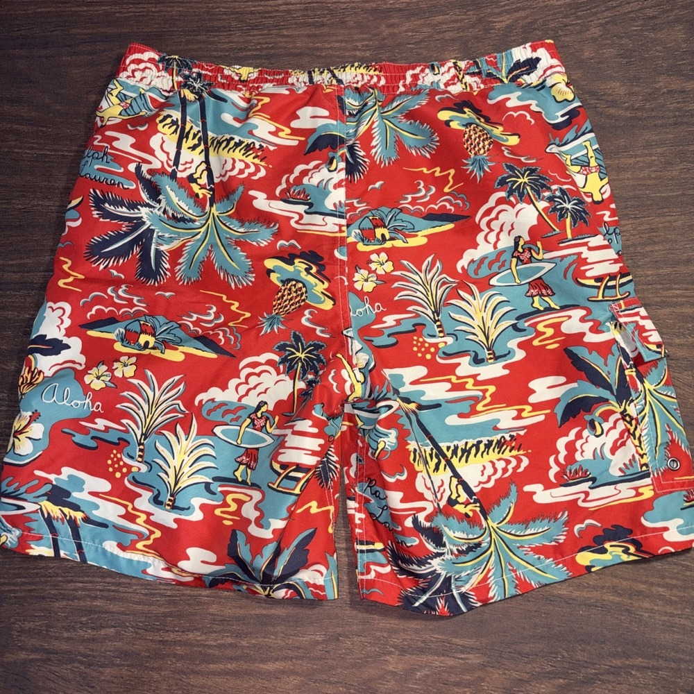 Polo Ralph Lauren Swim Shorts Mens Medium Red Floral Hawaiian Aloha Print Trunks - Picture 5 of 6